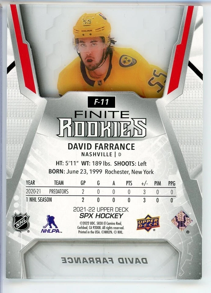 2021-22 SPx Finite Rookies Silver Spectrum #F11 David Farrance 43/75 - Image 2 of 2