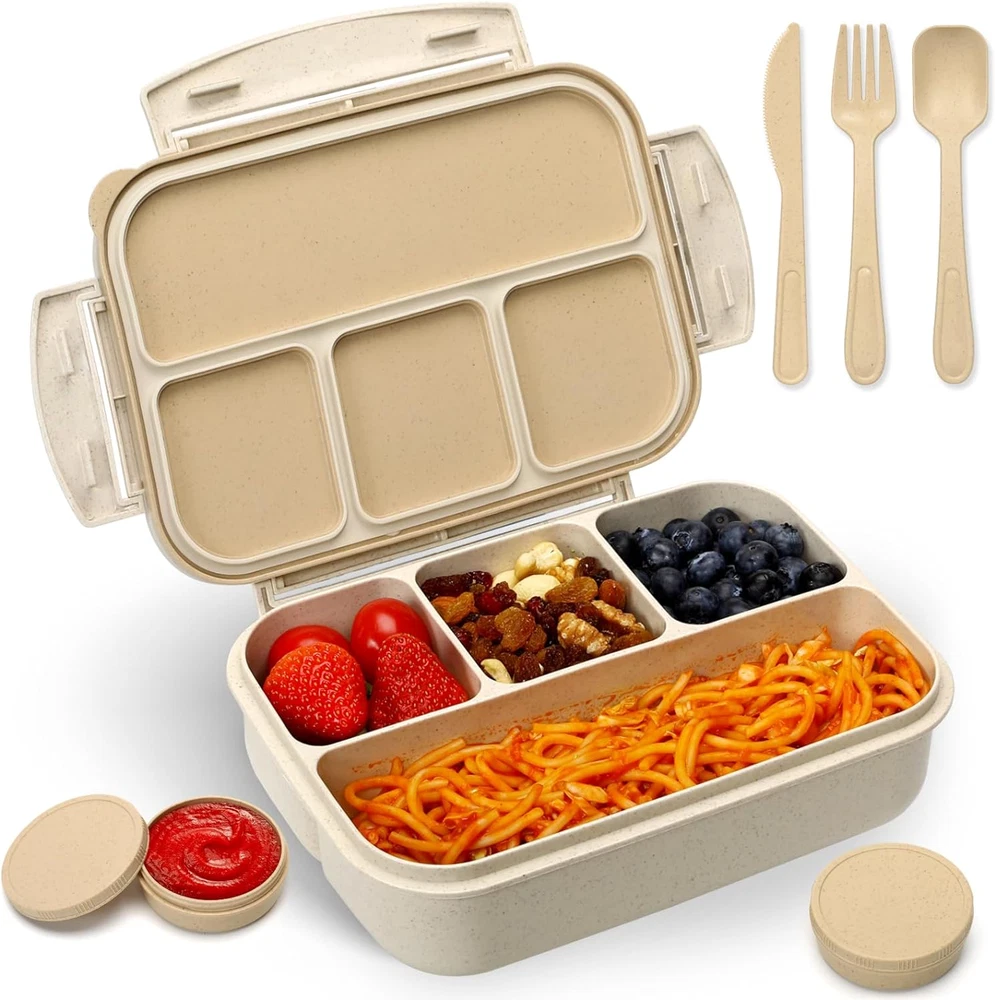 Wheat Straw Bento Lunch Box for Kids and Adults - 5.5 Cup Leakproof Container with 2 Compartments
