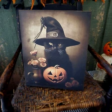 HALLOWEEN BLACK WITCH CAT PUMPKIN FOLK ART SHABBY PRIMITIVE VINTAGE STYLE SIGN