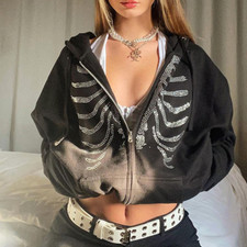 Gothic Black Cool Hoodie Zip Up Women's Rhinestone Skull Oversized Sweatshirt