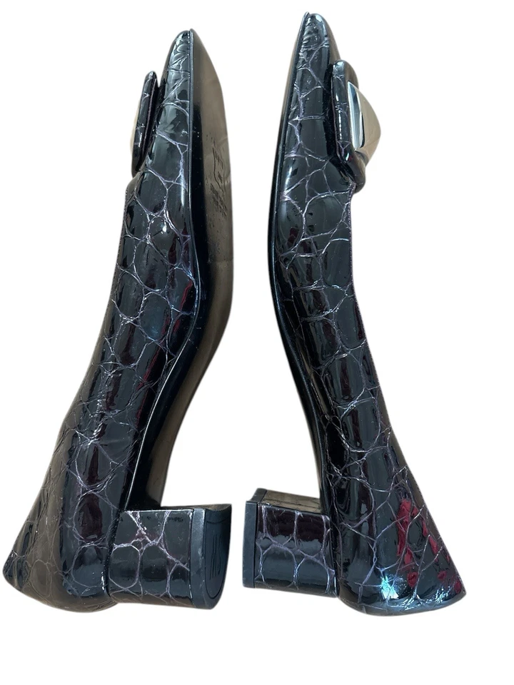 Stuart Weitzman Mujer Cocodrilo Cuero Negro Repujado Tacón Bloque Hebilla de Bomba Talla 8 Foto 2 de 4