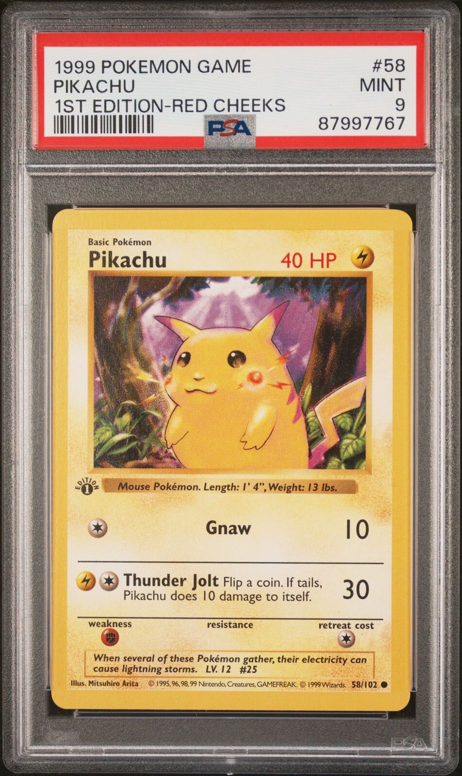 1999 Pikachu-Red Cheeks Pokemon Base Set Shadowless 1st Edition #58 PSA 9 MINT