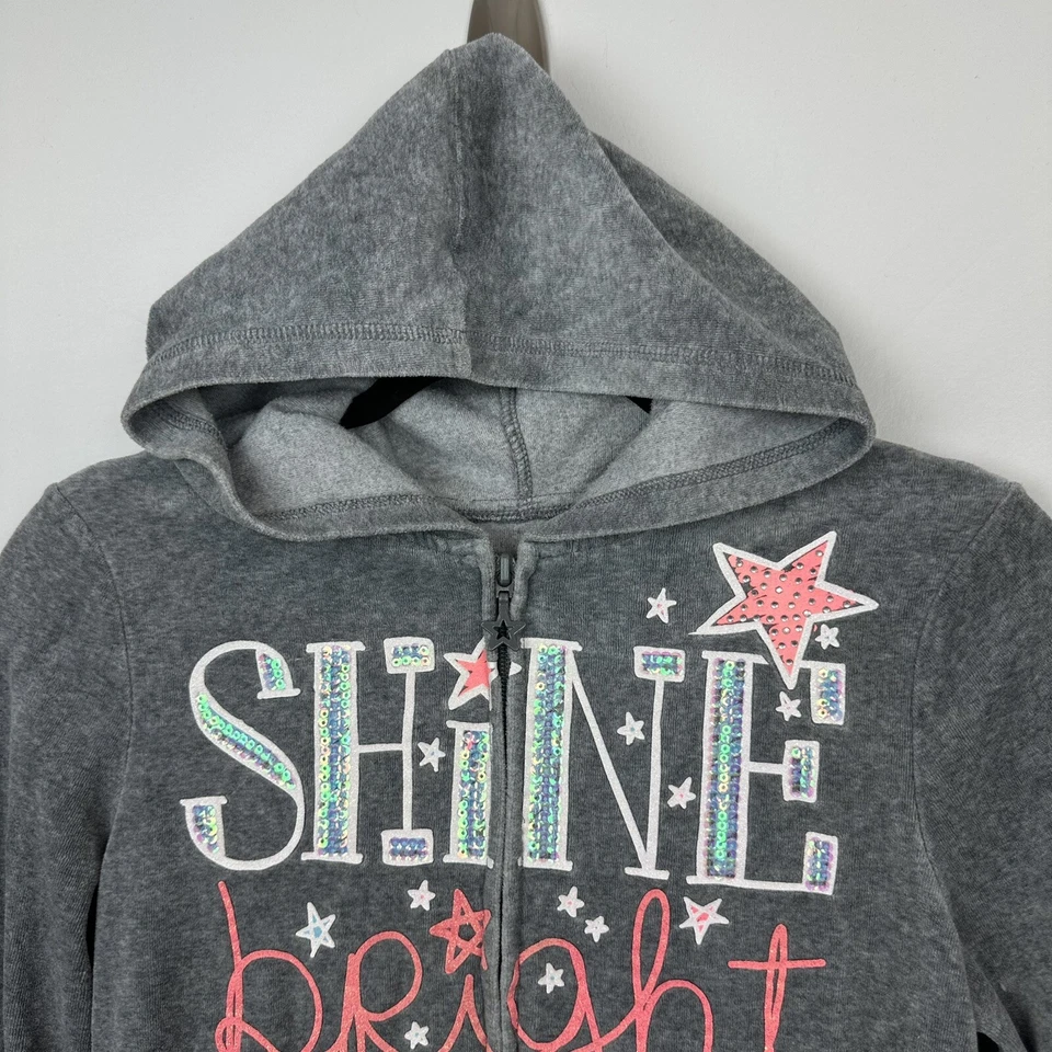 Justice Hoodie Jacket Girls 14 Zip Up Shine Bright Hood Sequin Star Gray Blue DF - Image 2 of 4