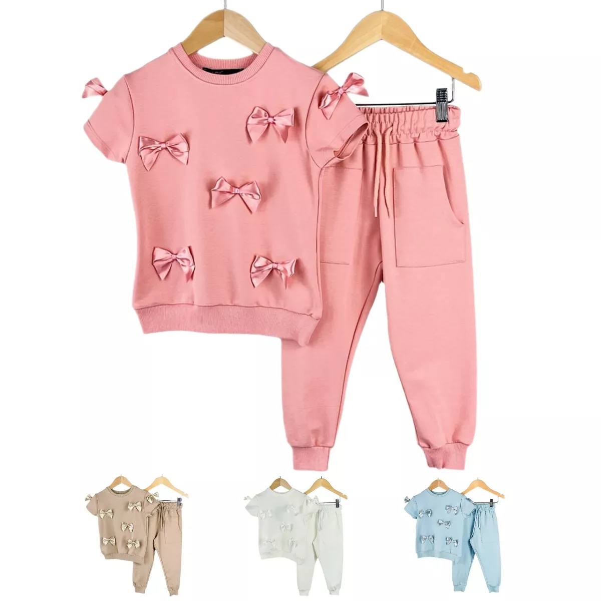 Girls Loungewear Tracksuit Fancy Satin Bow Top Pants Outfits