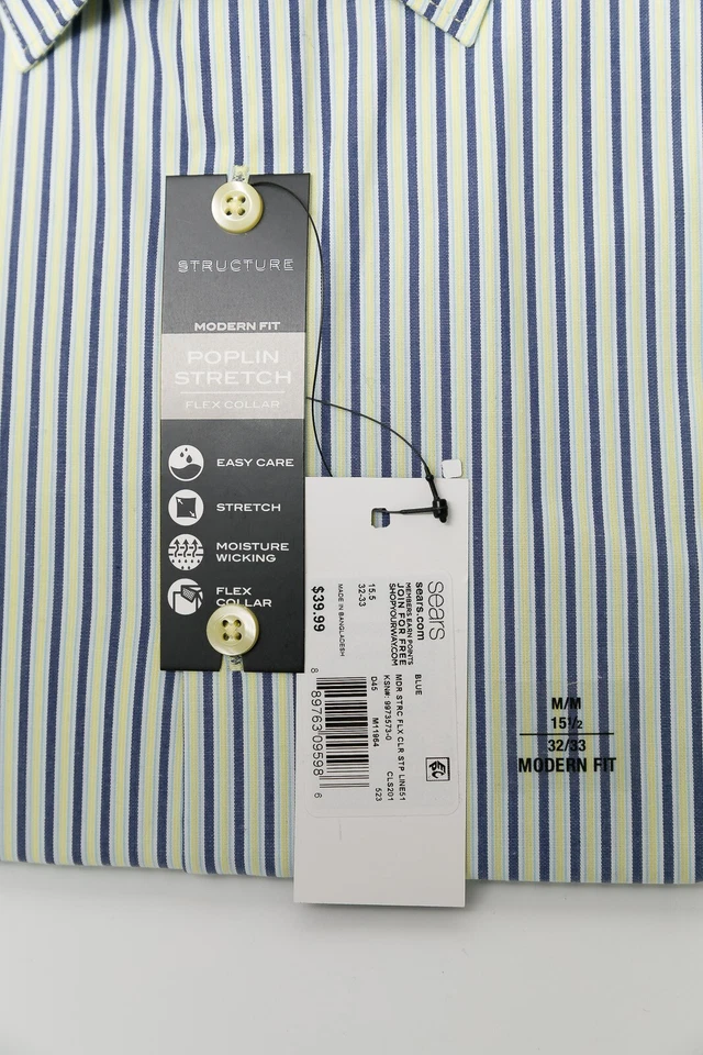 Новый с Ярлыками структура мужчин современный поплин эластичной Flex платье рубашка 15,5 X 32-33 синий в полоску - Изображение 3 из 4