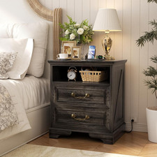 Rustic 24" Farmhouse Nightstand with Charging Station & Drawer - Gray Oak