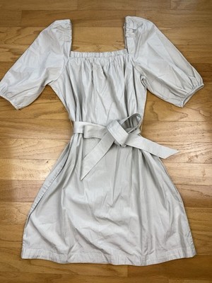 Faherty Khai Beige Belted Tie Waist Puff Sleeve Square Neck Cotton Poplin Dress
