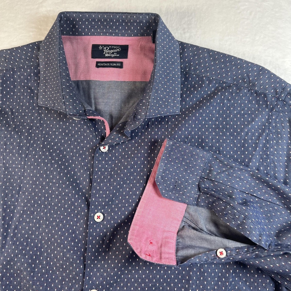 Original Penguin Shirt Mens 16.5 32/33 Blue Heritage Slim Fit Dot Cotton Dress Original Penguin Shirt Mens 16.5 32/33 Blue Heritage Slim Fit Dot Cotton Dress