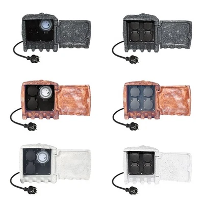 NCC-LICHT Außensteckdose Garten Stein-Optik IP44 2-fach & Schaltuhr/4-fach inkl. 5m Kabel