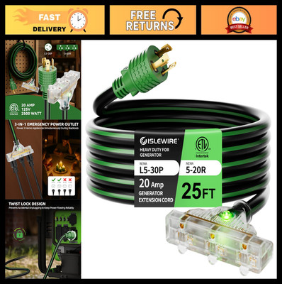 25FT Heavy Duty Generator Extension Cord, 30 Amp NEMA L5-30P to Triple 5-15R/5-2