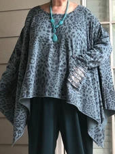 Boho Lagenlook  Artsy Asymmetry Cheetah Cotton Jersey Turquoise Tunic Necklace