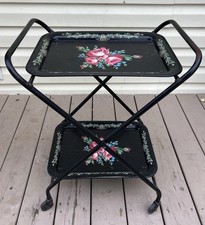 Vtg Metal SERVING CART TEA TROLLEY RETRO 1960s Black Roses Folding