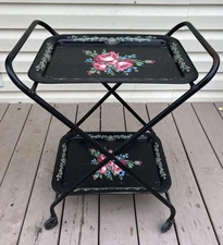 Vtg Metal SERVING CART TEA TROLLEY RETRO 1960s Black Roses Folding
