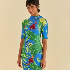 Farm Rio Bodycon Mini Dress Banana Leaf Ruffled Stretch Electric Blue Size PP XS