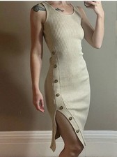 Hippie Rose Ribbed Knit Sleeveless Slit Button Dress Oatmeal-L