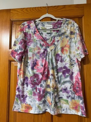 Alfred Dunner Multicolor Floral V-Neck Short Sleeve Top