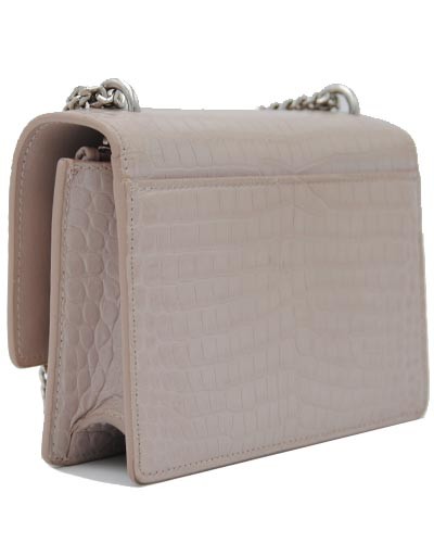SAINT LAURENT YSL Sunset Borsa a tracolla piccola in pelle lucida goffrata coccodrillo colore nudo