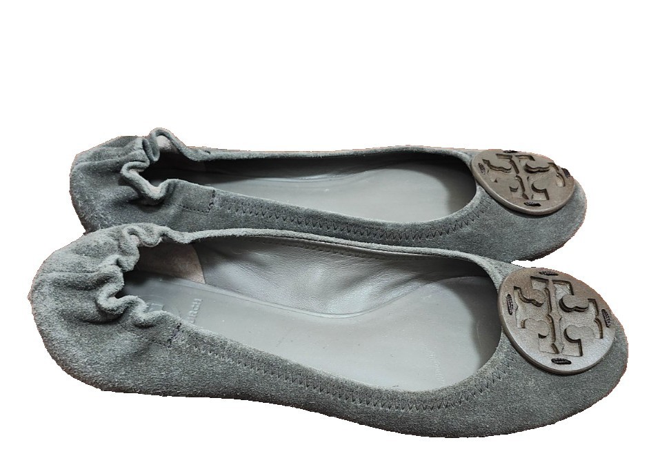 Tory Burch Reva Ballet Flats Gray Suede Leather Logo Medallion Size 9M thumbnail 6