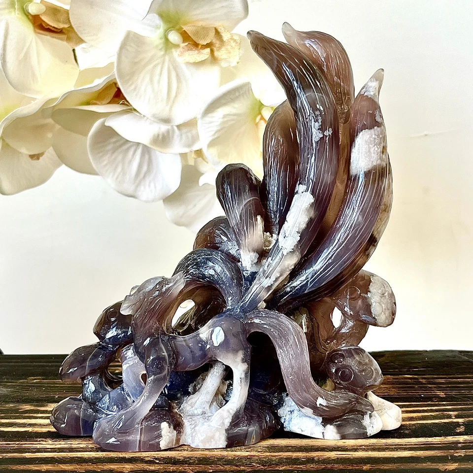 2,05 Pfund handgeschnitzter natürlicher schwarzer Kirschblütenachat Kristall spirituelle Energie