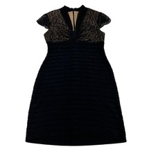 Adrianna Papell Sheath Dress Women's 8 Tan Black Lace Overlay Lined Short Sleeve