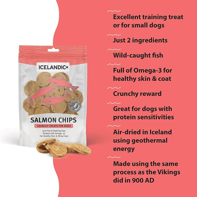 PACK OF 4 (FOUR) !!  Icelandic Fish Chips Salmon 2.5oz Dog Treats