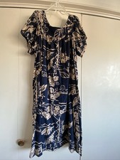 Women's Blue Floral Midi Dress Puff Sleeve Scoop Neck Casual Bohemian Regular