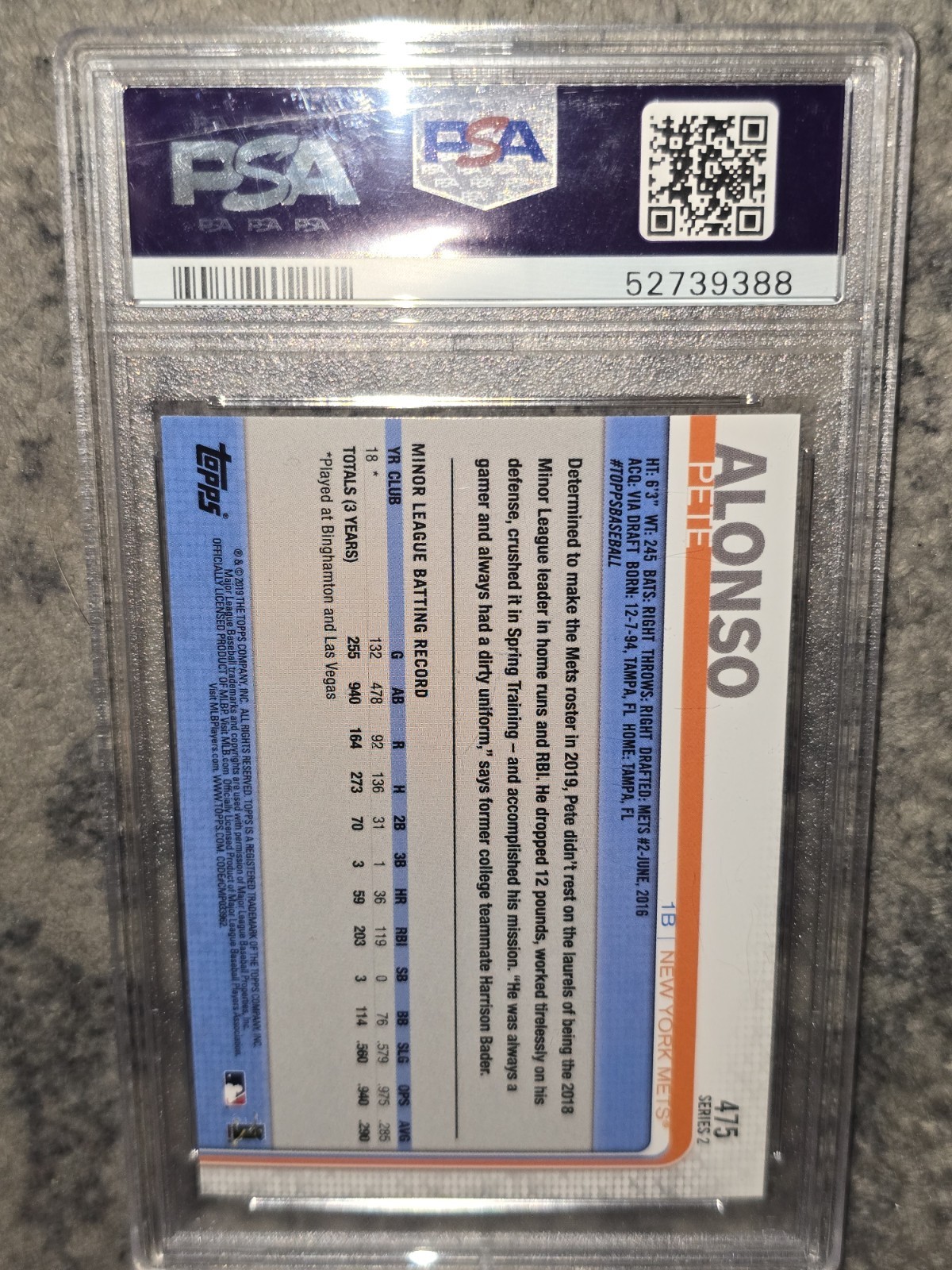 2019 Topps Pete Alonso RC Rookie #475 Mets PSA 9 MINT view 7