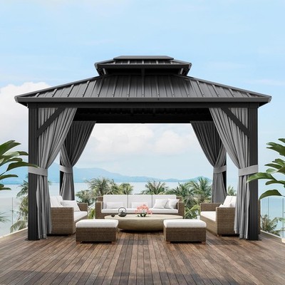 10X10FT Outdoor Hardtop Gazebo Double Roof of Metal Sheets W/ Nettings & Curtain