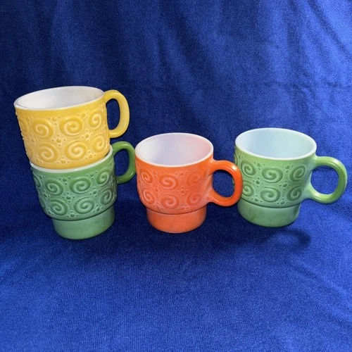 4 Vintage Hazel Atlas Embossed Swirl Stackable Milk Glass Coffee Mugs 1970s MCM