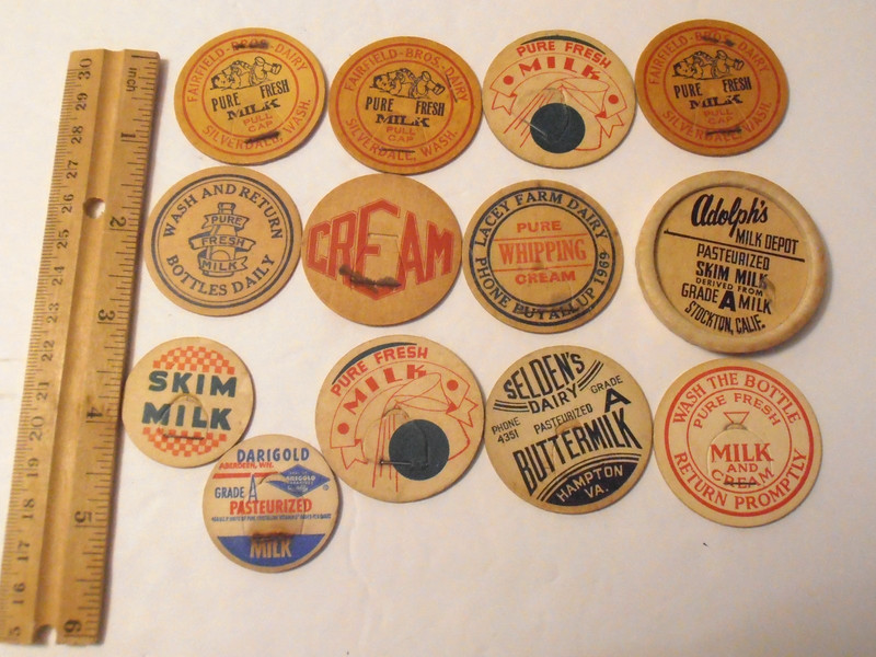Vintage Dairy *13 Varied Milk Bottle Cap Lot #4* Adolphs Depot, Seldens, Cream
