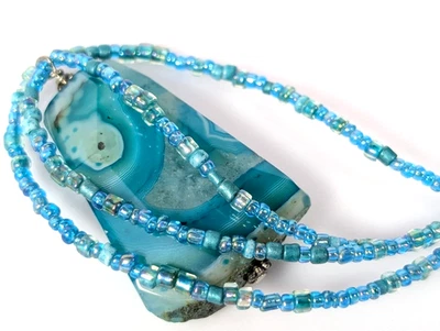 Blue Agate Gemstone Necklace Striped Iridescent Two Strand Seed Bead Chain 19" - Image 1 of 4