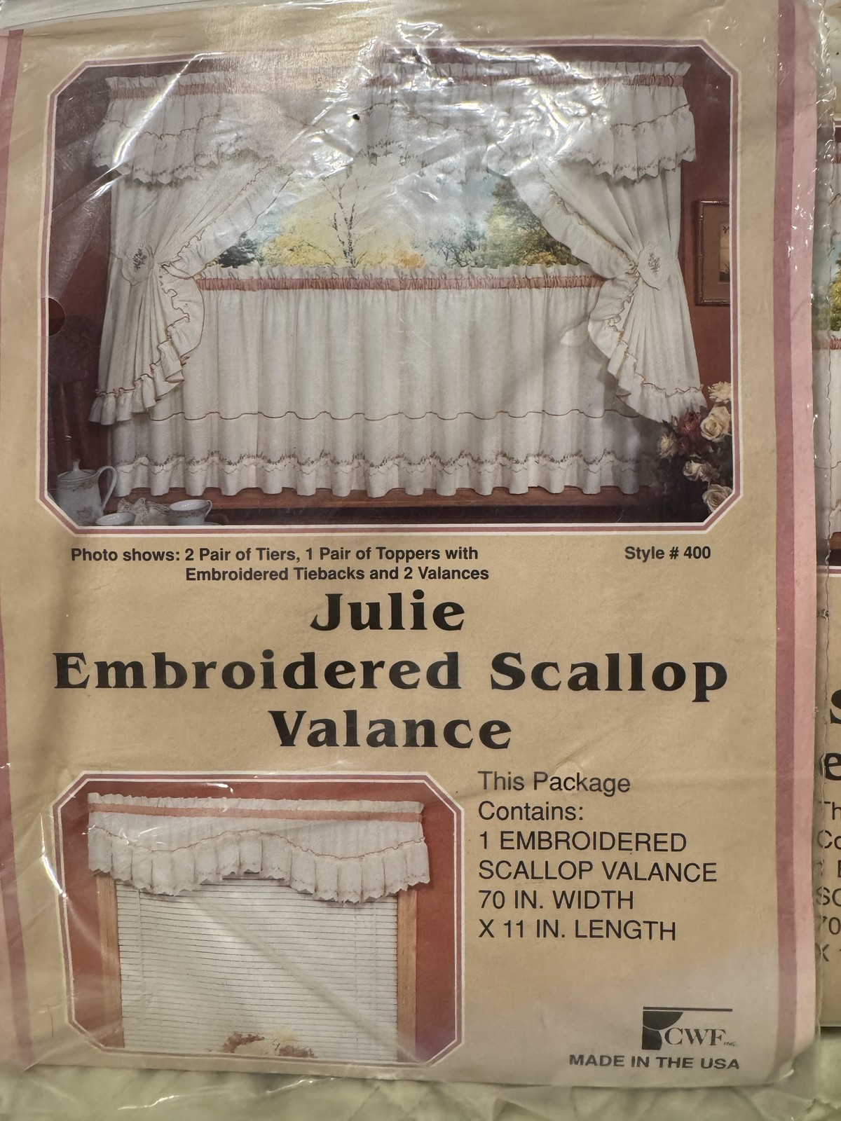 Vintage Julie Embroidered Scallop Valance Curtain Set 70x11 Floral Made in USA