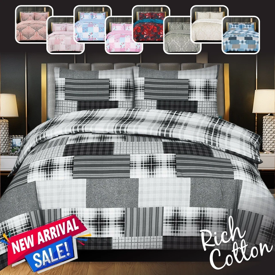 SHOP-DIRECT-24 100% Rich Cotton Duvet Quilt Cover Bedding Set Double King & Super King Size