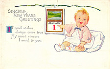New Years Greetings Sincere January 1 Baby Calendar Antique Postcard L2