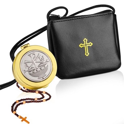 2-PCS Leather Communion Burse for Pyx with Gold Latin Cross Catholic Gift