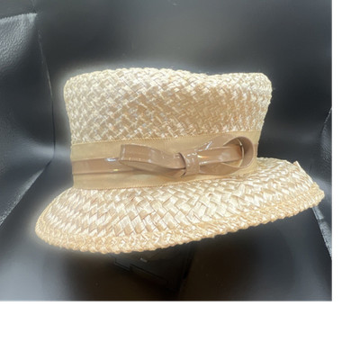 Vintage Women s Ivory Straw Boater Hat Wide Brim Beige Patent Ribbon Bow 1Size