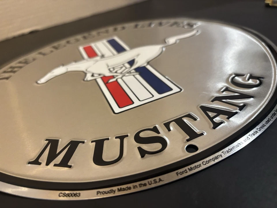 Ford Mustang The Legend Lives 12" Round Silver Embossed Metal Tin Sign Garage - Image 2 of 4