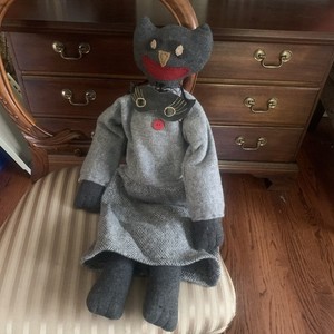 Original Artist Folk Art Felt Halloween spooky Handmade Doll vintage Cat W/mask