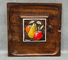 VINTAGE FRED PRESS WOOD & TILE CHEESEBOARD SERIGRAPH FRUITS APPLE PEAR ORANGE