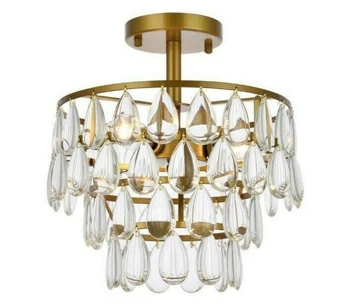 Crystal Tear Drop Flush Mount Ceiling 3 Light Brass Bathroom Bedroom Lighting - Picture 1 of 10