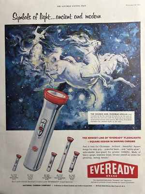 1954 Eveready Flashlight Batteries Golden God Phoebus Apollo Vintage Print Ad