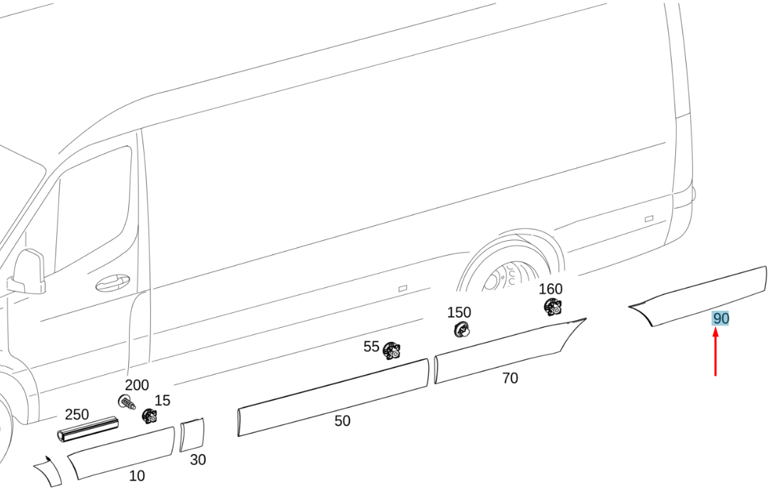 Bande de protection arrière gauche pour MB Sprinter W907 A91069010009K83