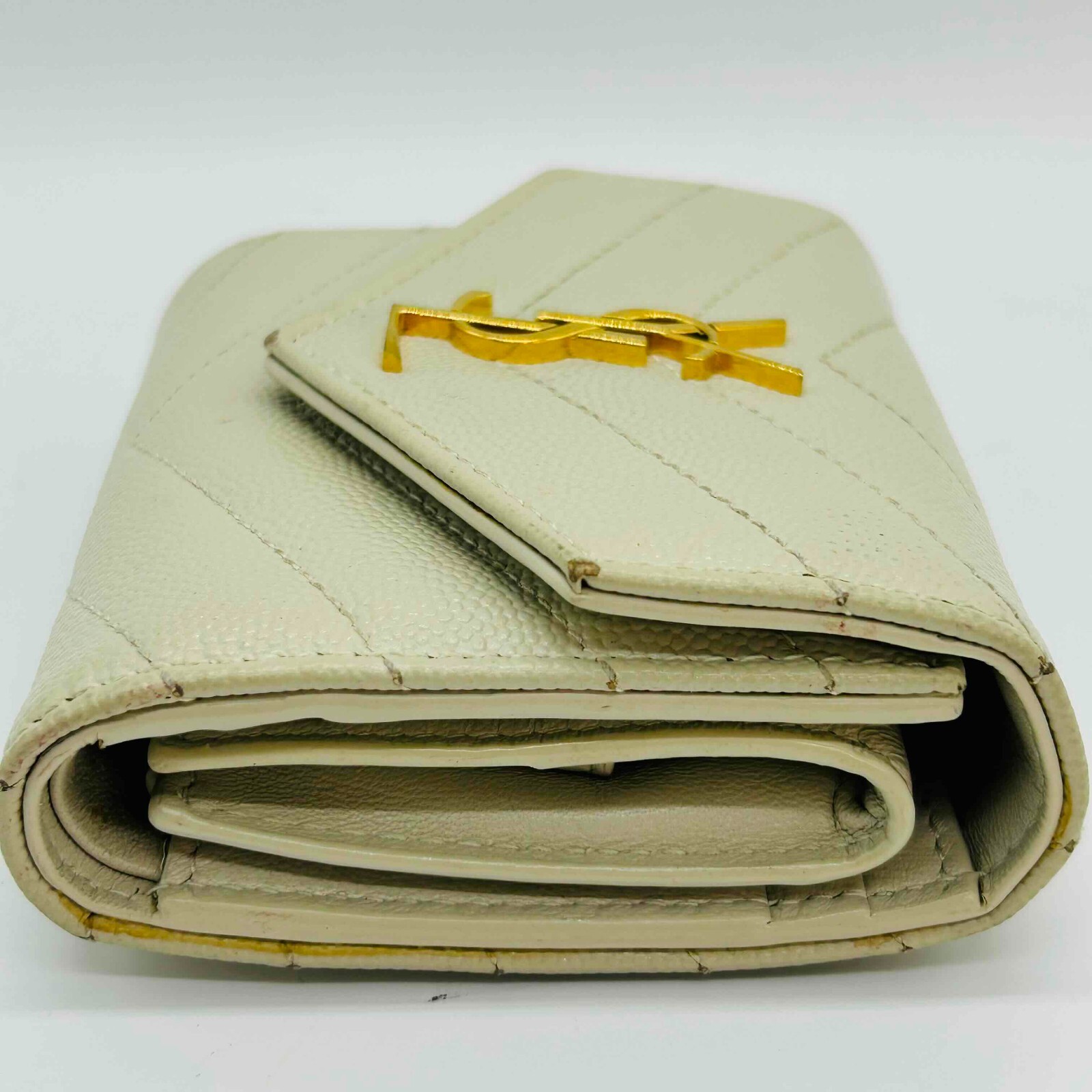 Saint Laurent Portafoglio Trif Compatto Pelle Avorio Logo YSL Autentico