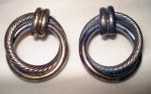 Vntg Sterling Silver 925 Twisted Rope Double Ring Pierced Ear Stud Earrings Set