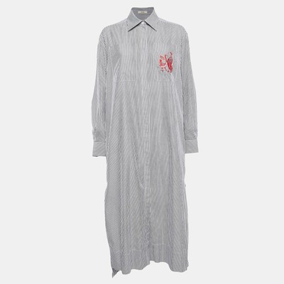Celine Blue/White Stripe Embroidered Cotton Midi Shirt Dress M