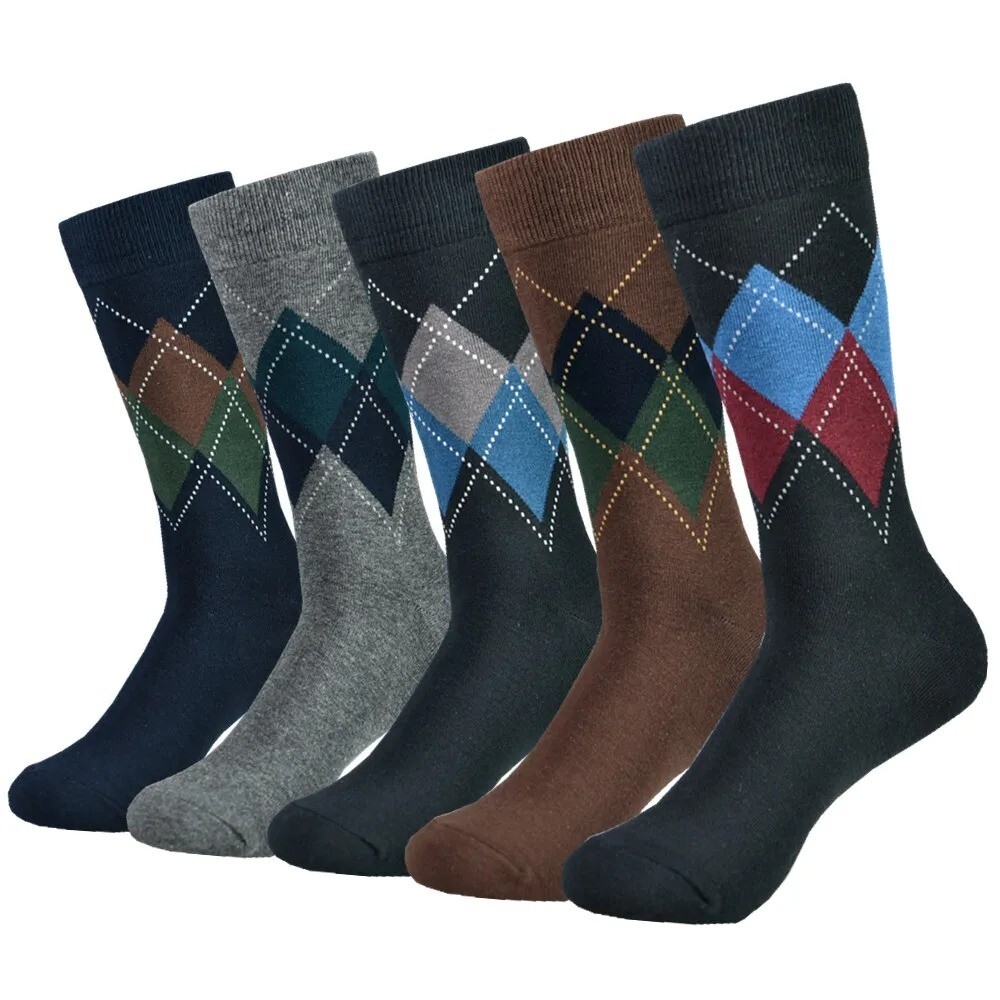 5 Pairs Men's Cotton Black Patterned Comfy & Breathable Colorful Dress Socks,