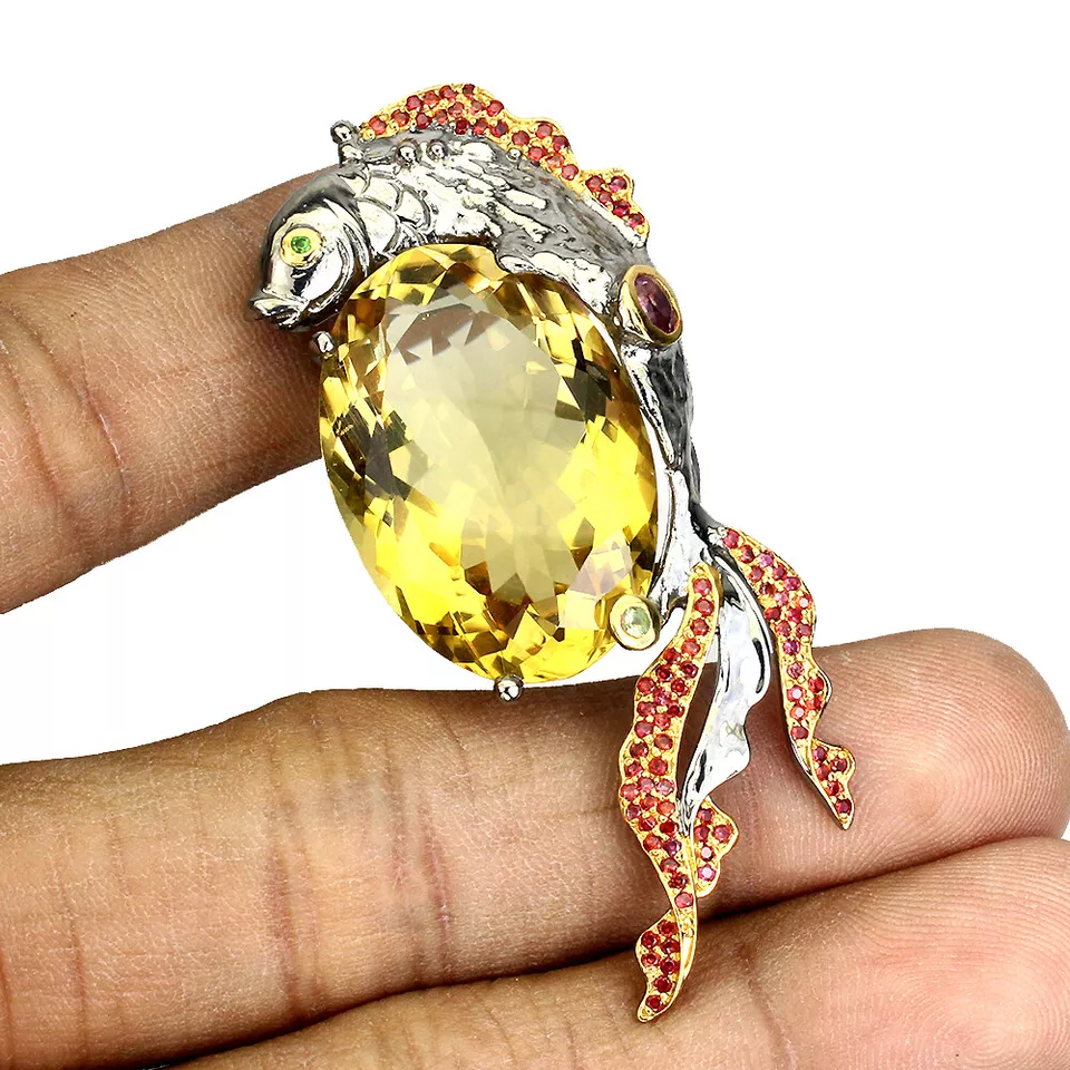 Pendente Ovale In Argento Sterling 925 Citrino 39 Ct Zaffiro Pesce Gioielli - Immagine 2 di 4