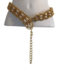 Vintage Chain Belt Gold Tone White Faux Leather Adjustable Boho Retro