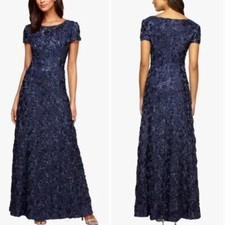 Alex Evenings Women's Long Rosette Lace Cap Sleeve Gown, navy, 16