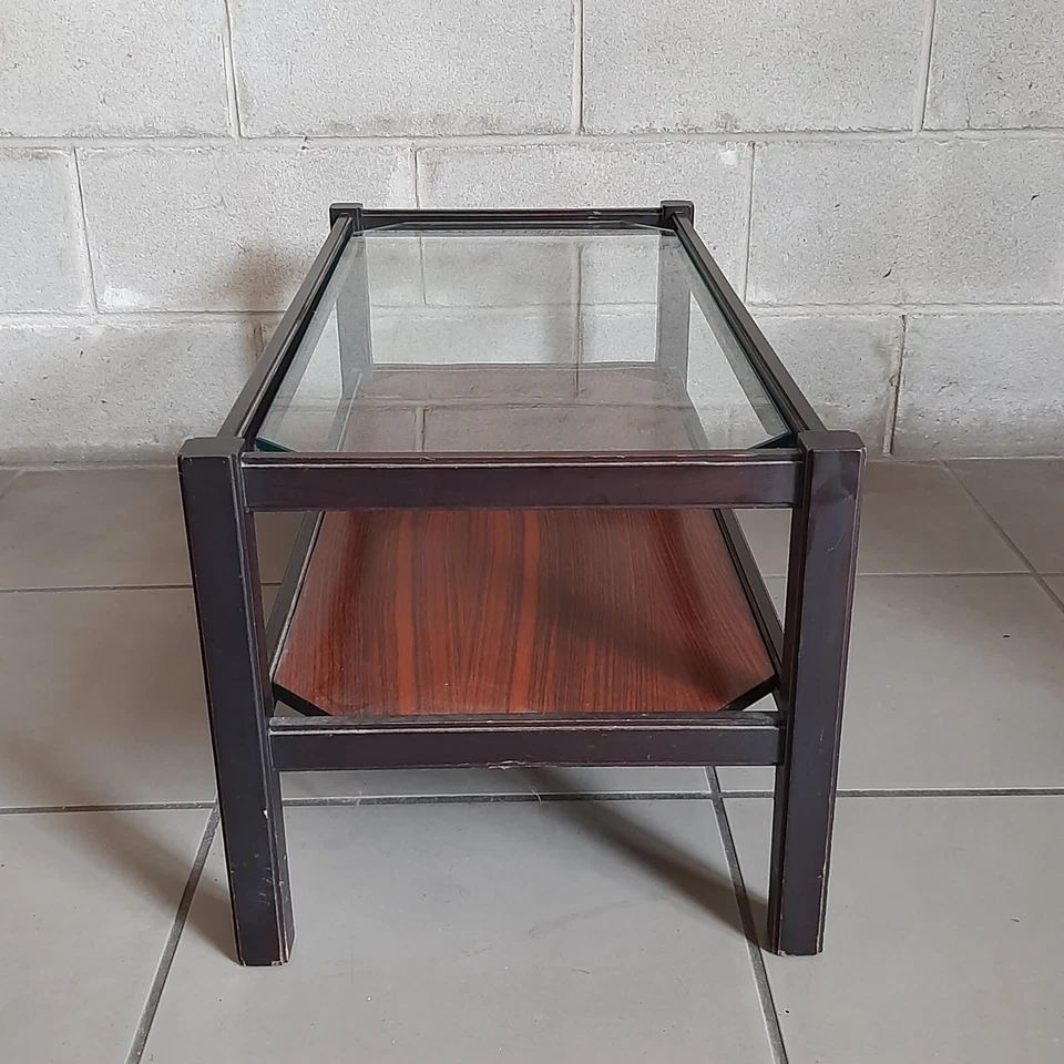 Table Basse Rectangulaire En Teck Et Verre Design Moderniste Italie 1960 - Photo 3/4